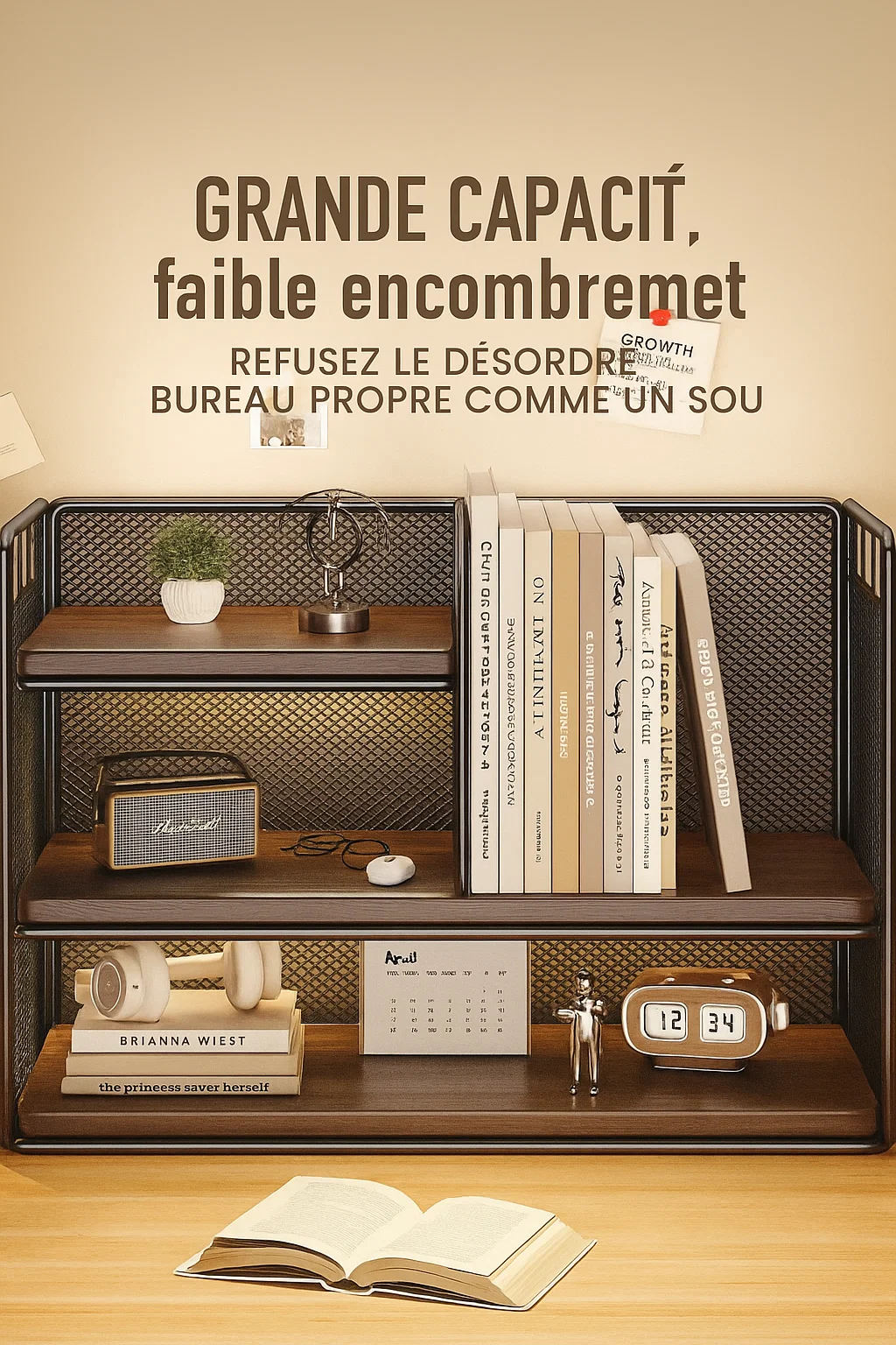 Étagère de bureau en métal et bois 3 niveaux