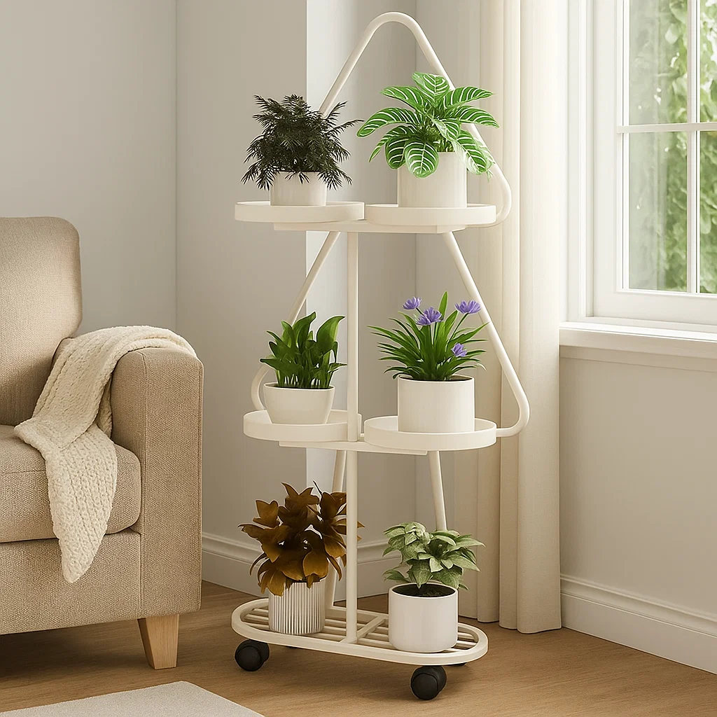 Étagère porte-plantes triangulaire sur roulettes en métal