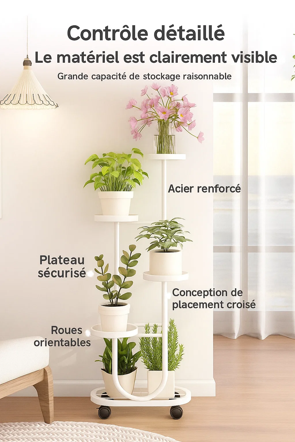 Étagère à plantes 5 niveaux en métal avec roulettes
