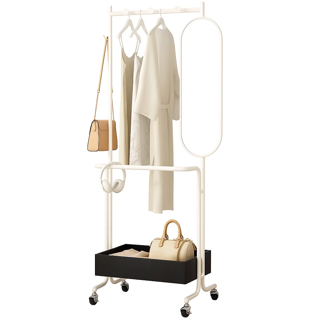 Portant à vêtements avec miroir et rangement sur roulettes