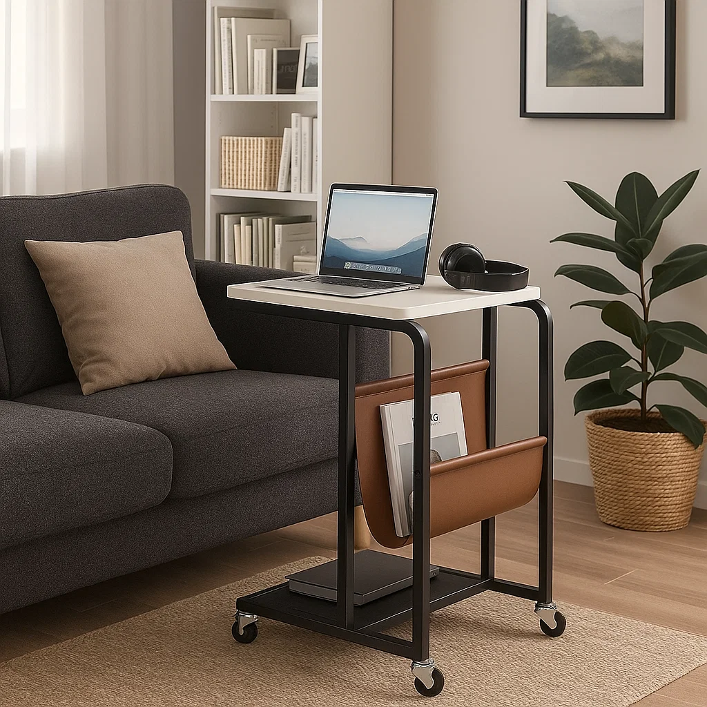 Table d’appoint mobile avec porte-revues et roulettes