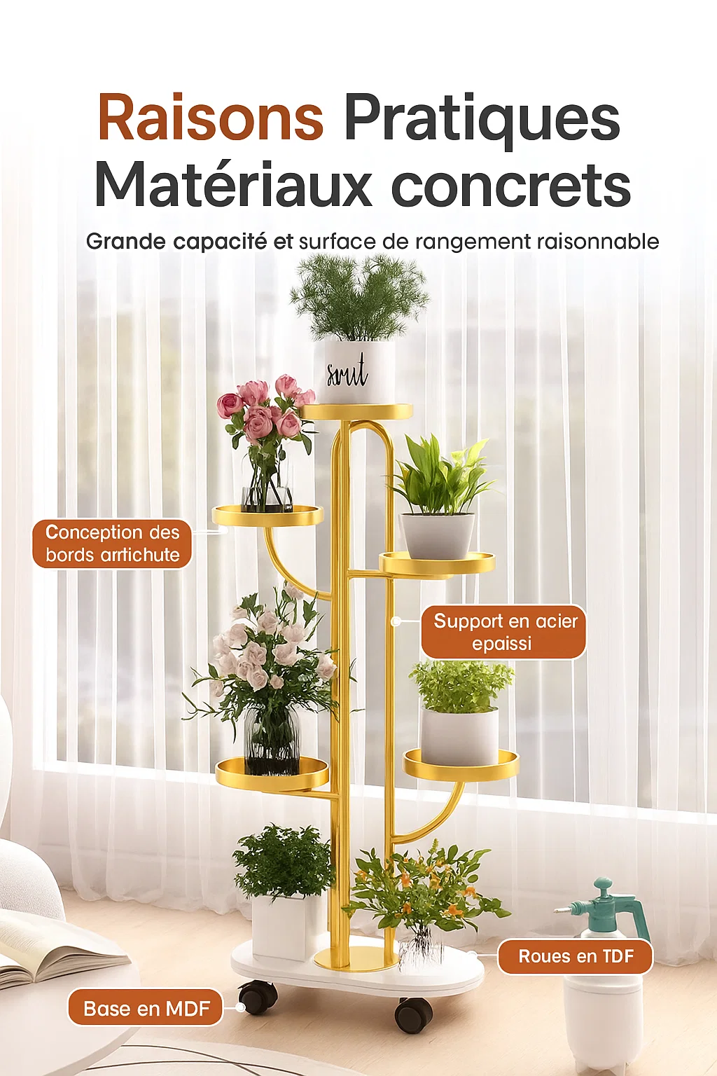 Étagère à plantes sur roulettes 7 niveaux design moderne