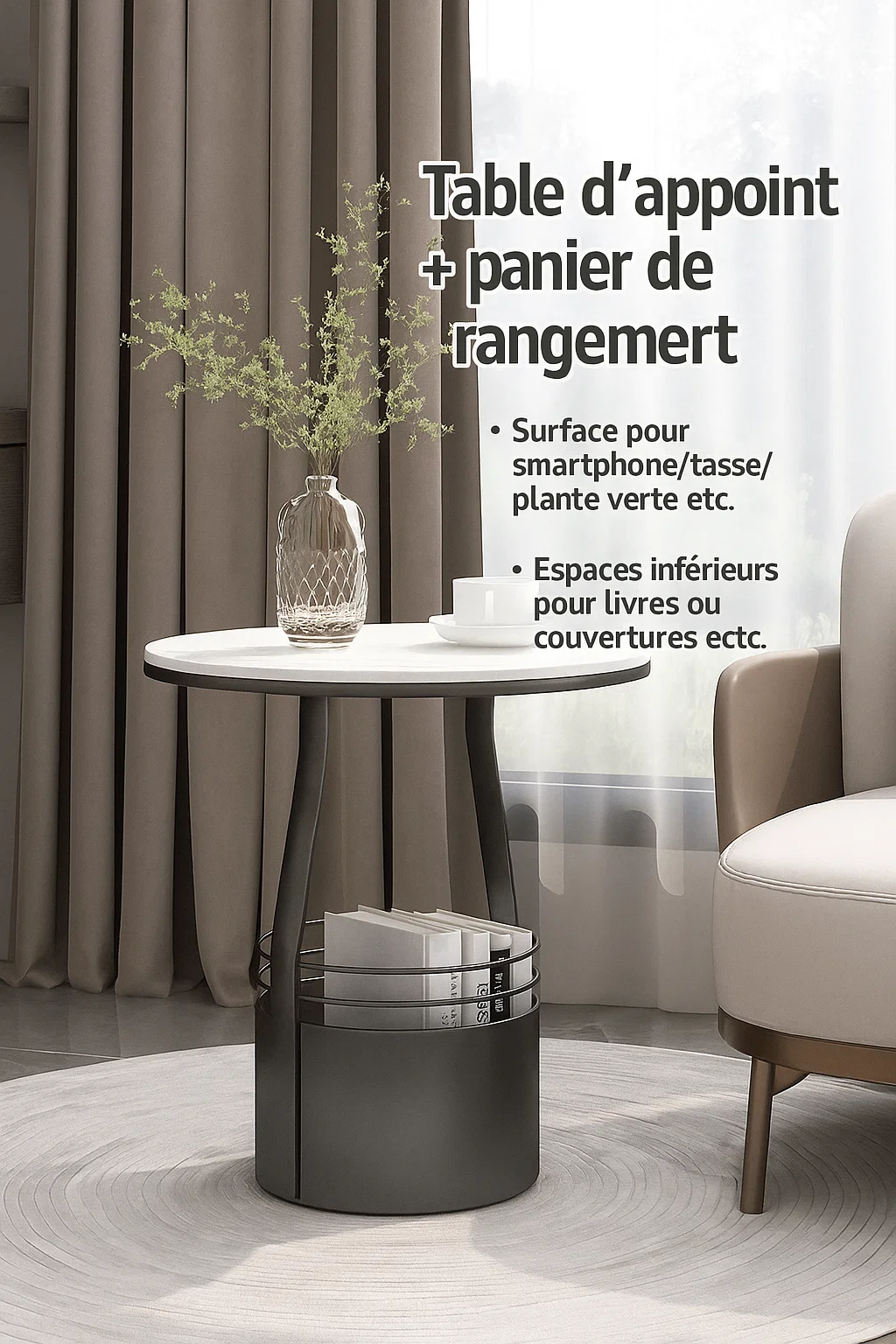 Table d’appoint ronde avec rangement intégré