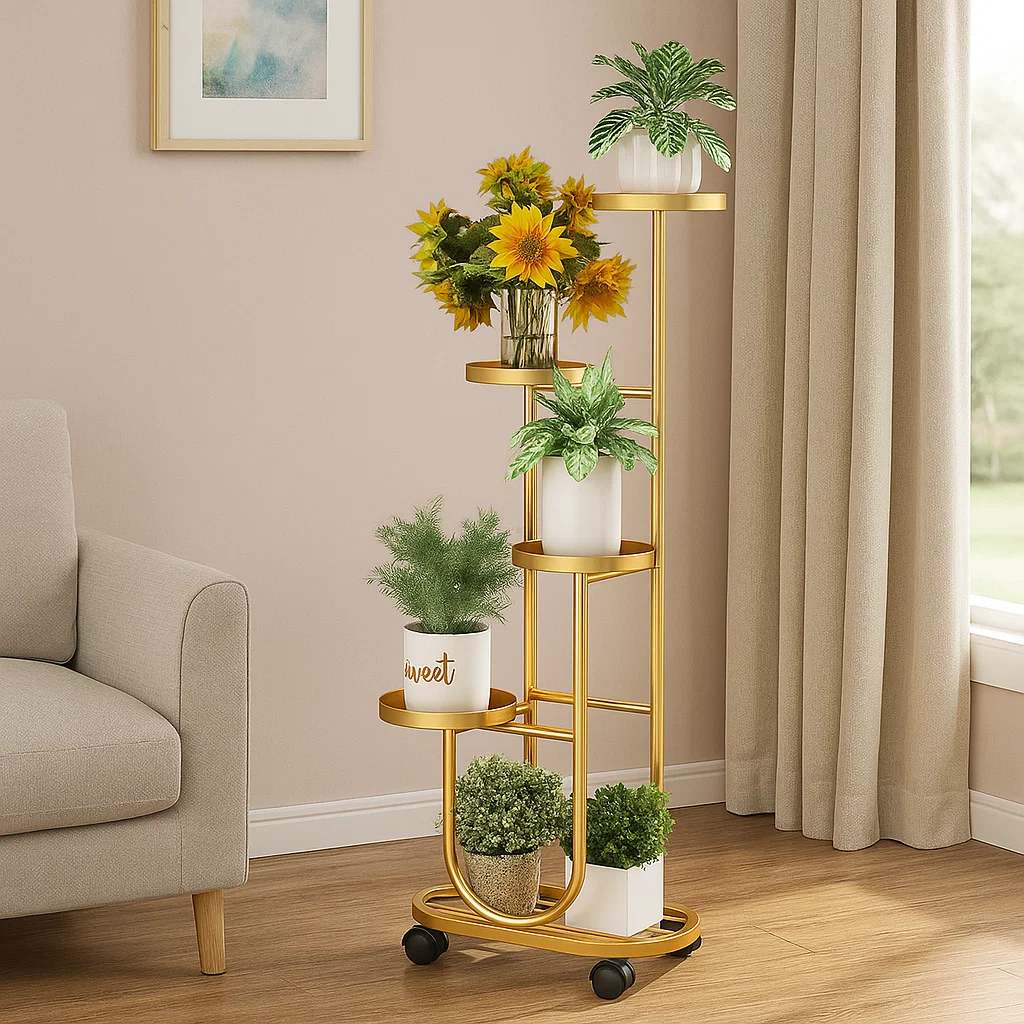 Étagère à plantes 5 niveaux en métal avec roulettes