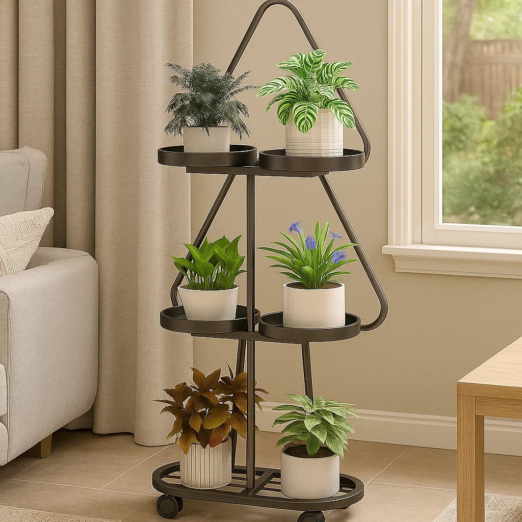 Étagère porte-plantes triangulaire sur roulettes en métal