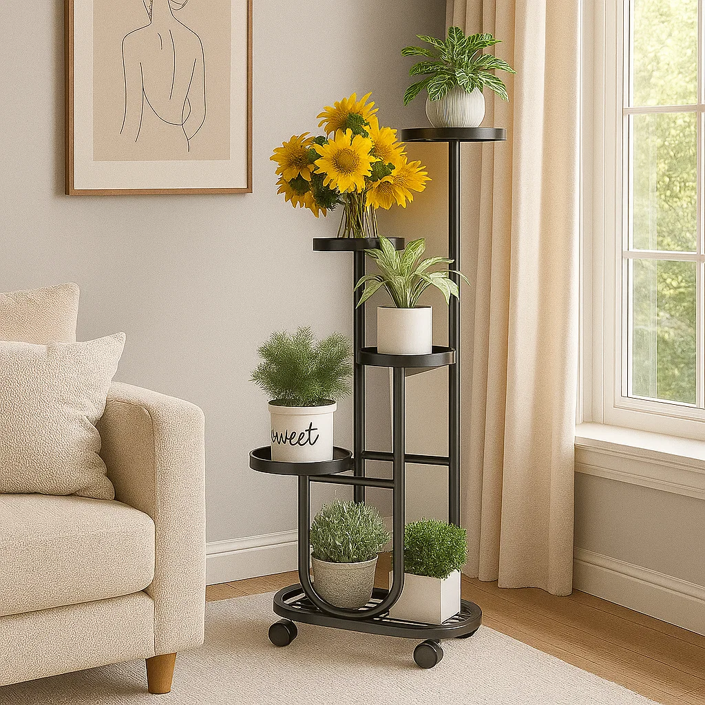 Étagère à plantes 5 niveaux en métal avec roulettes