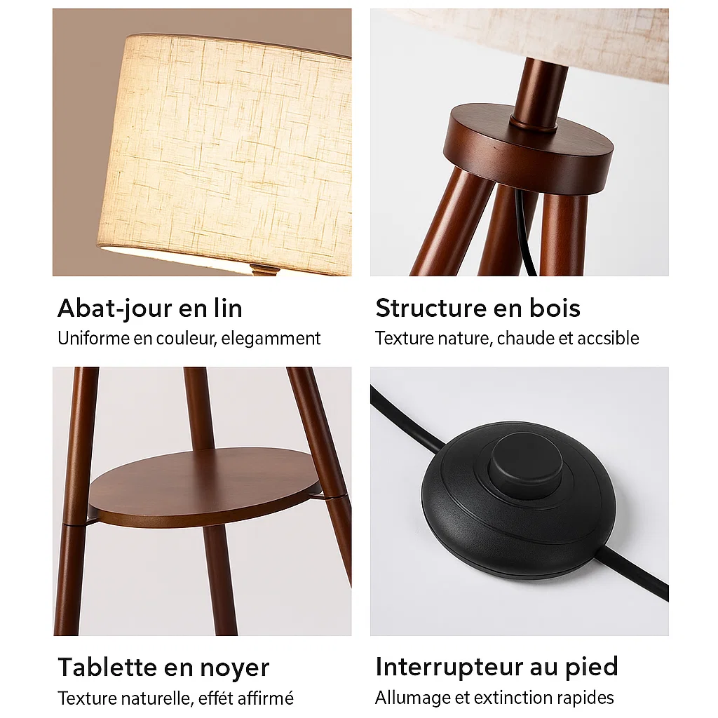 Lampadaire trépied avec tablette intégrée et abat-jour en tissu
