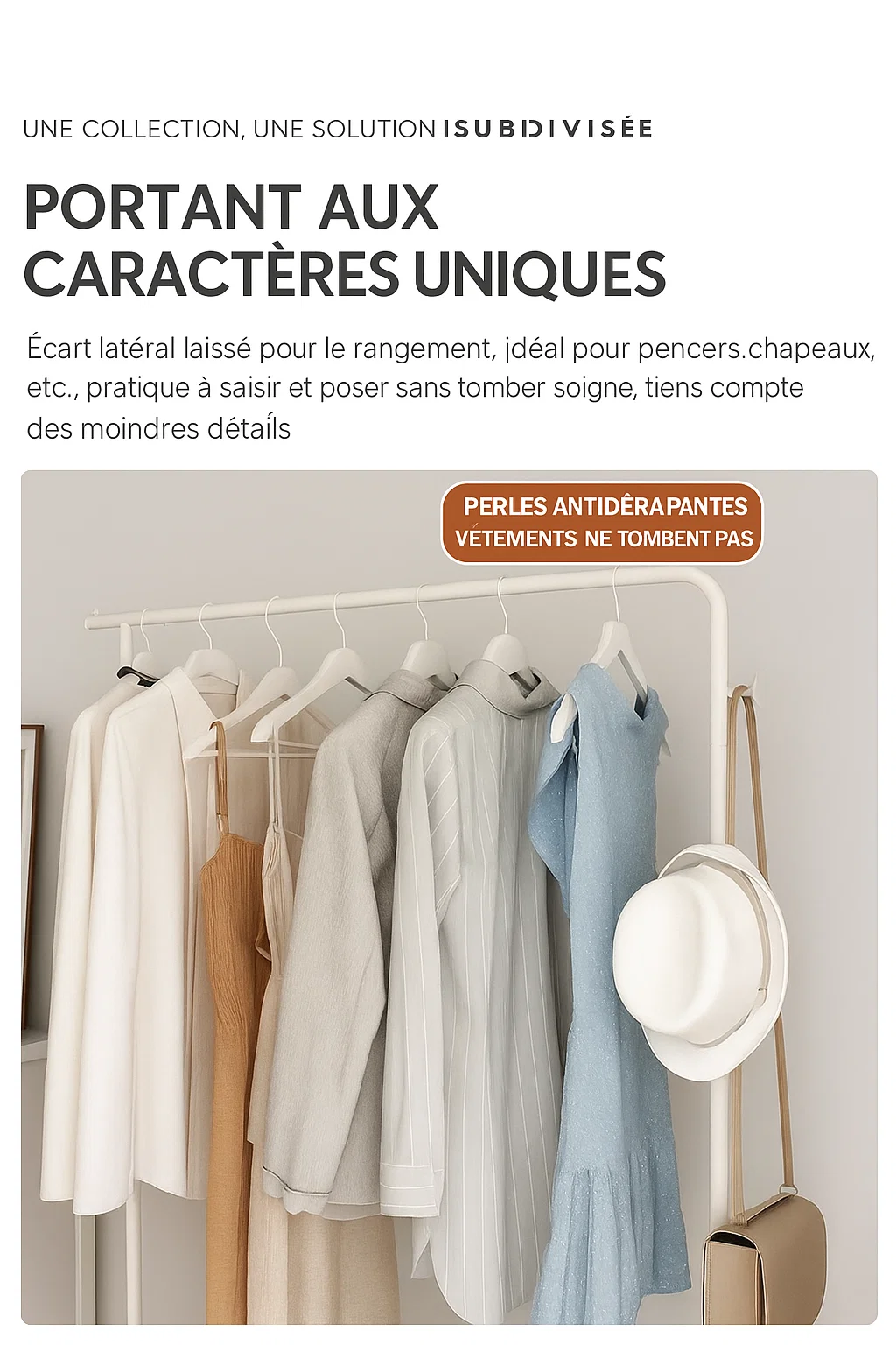 Porte-vêtements sur roulettes avec barre suspendue et étagère basse