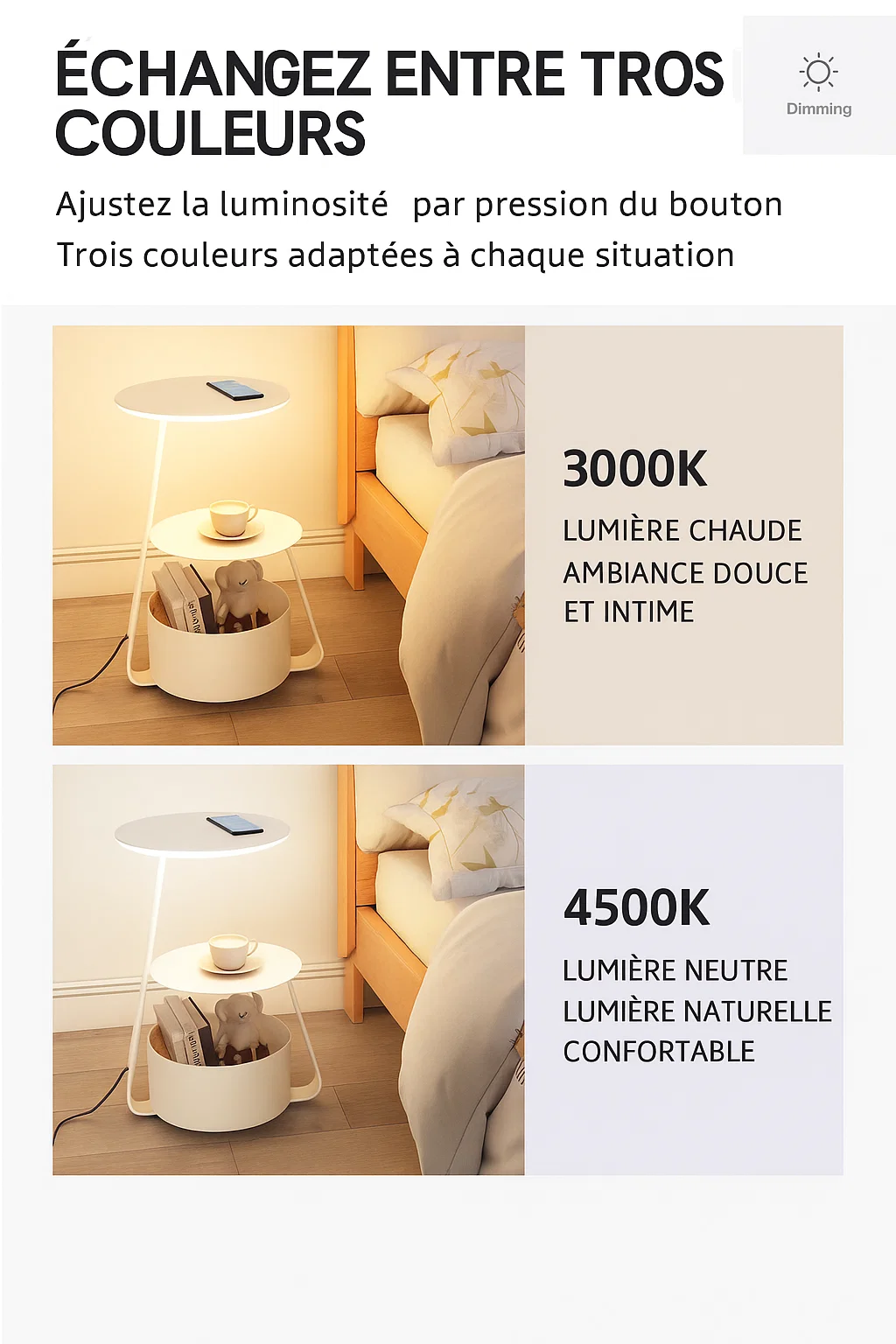 Table d’appoint lumineuse avec LED intégrée et trois températures de couleur réglables