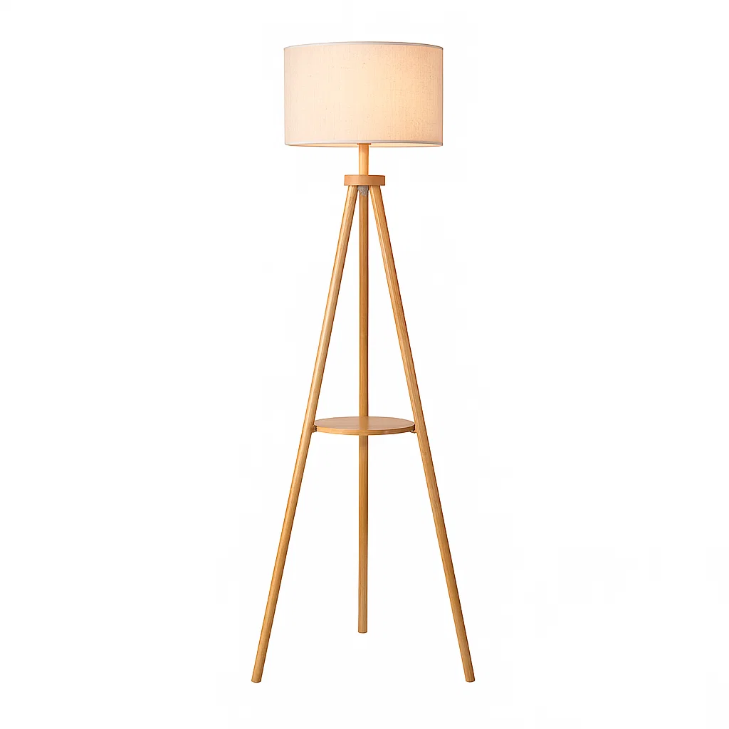 Lampadaire trépied avec tablette intégrée et abat-jour en tissu
