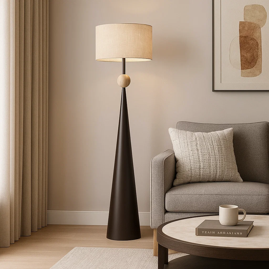 Lampadaire design moderne en bois avec abat-jour en tissu