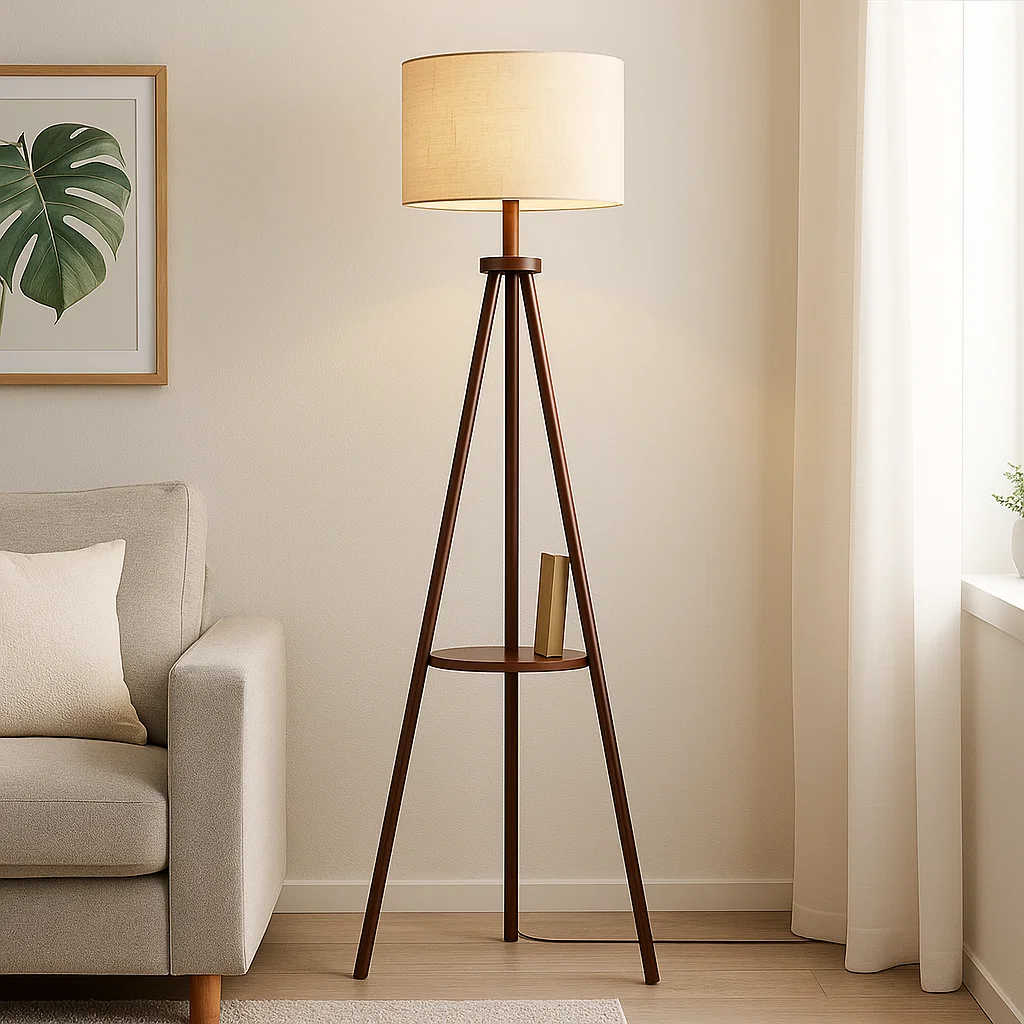 Lampadaire trépied avec tablette intégrée et abat-jour en tissu