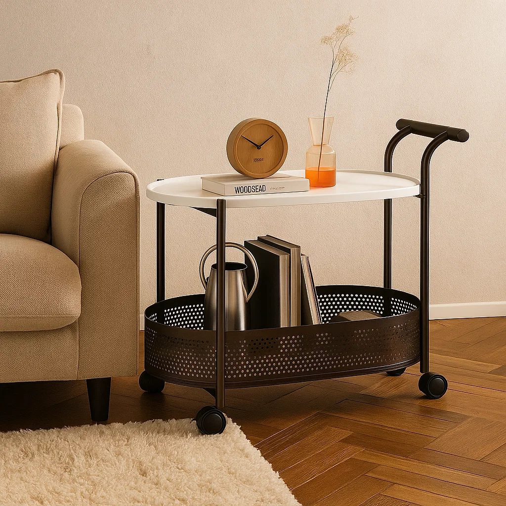 Table roulante de rangement avec panier inférieur en métal et roulettes
