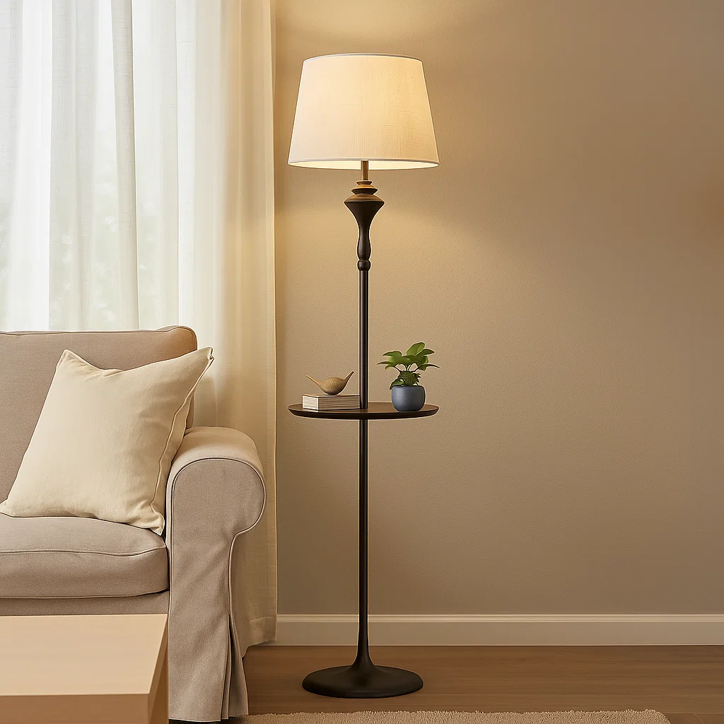 Lampadaire avec table intégrée et abat-jour en tissu