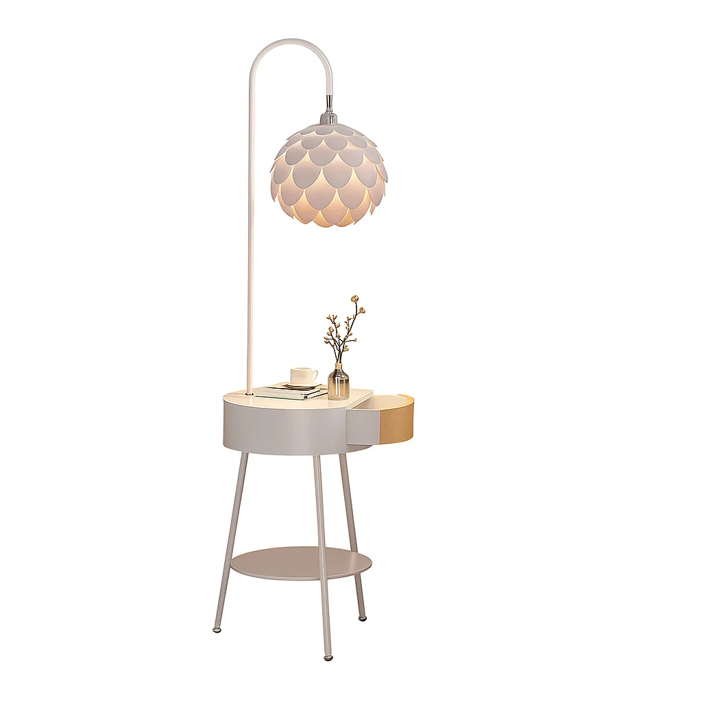 Lampadaire design avec abat-jour en forme de fleur et table intégrée