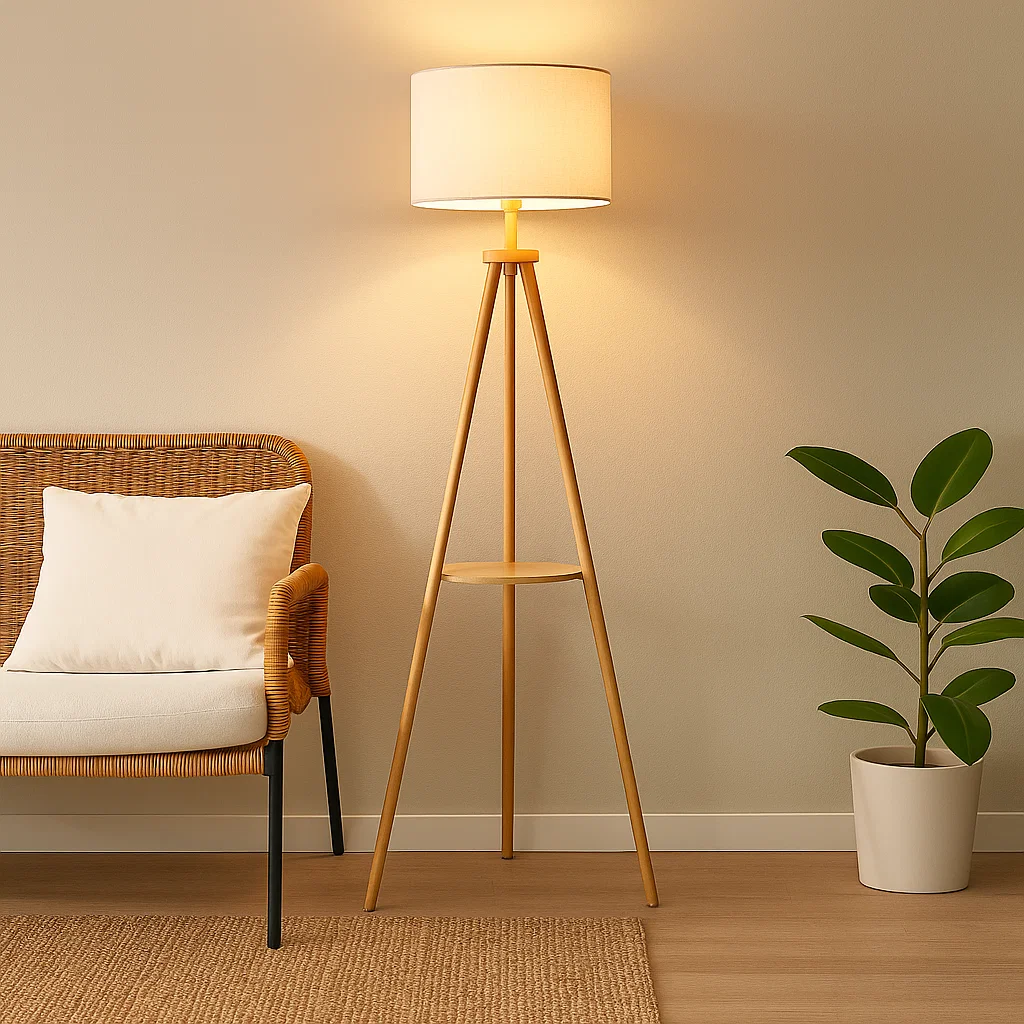 Lampadaire trépied avec tablette intégrée et abat-jour en tissu