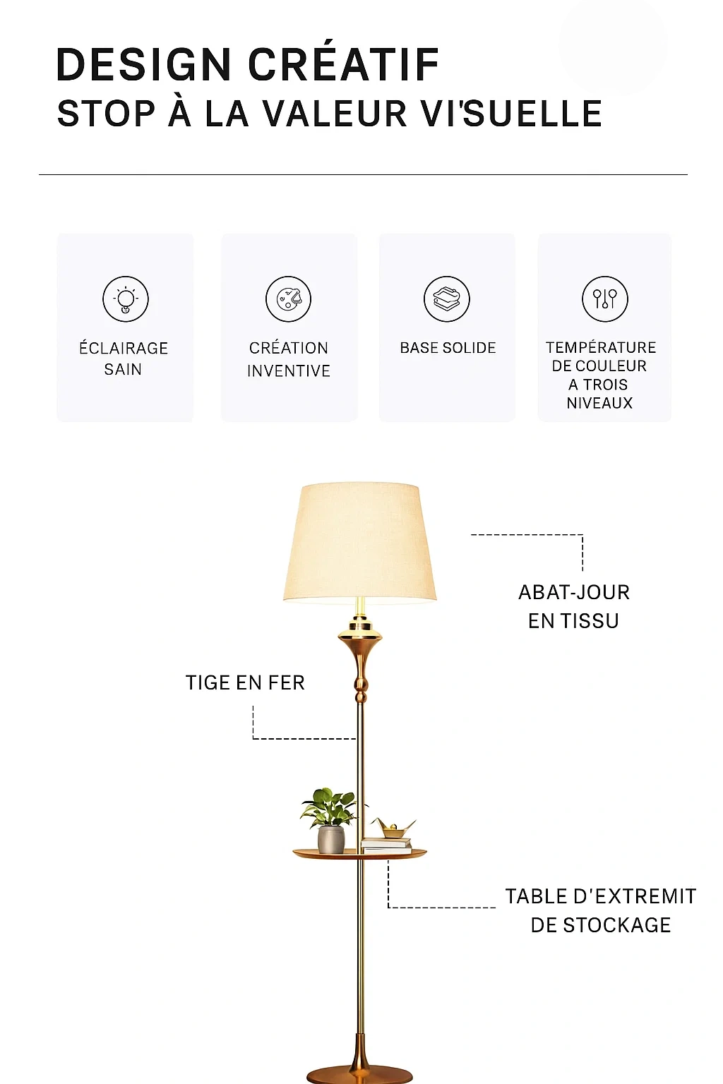 Lampadaire avec table intégrée et abat-jour en tissu