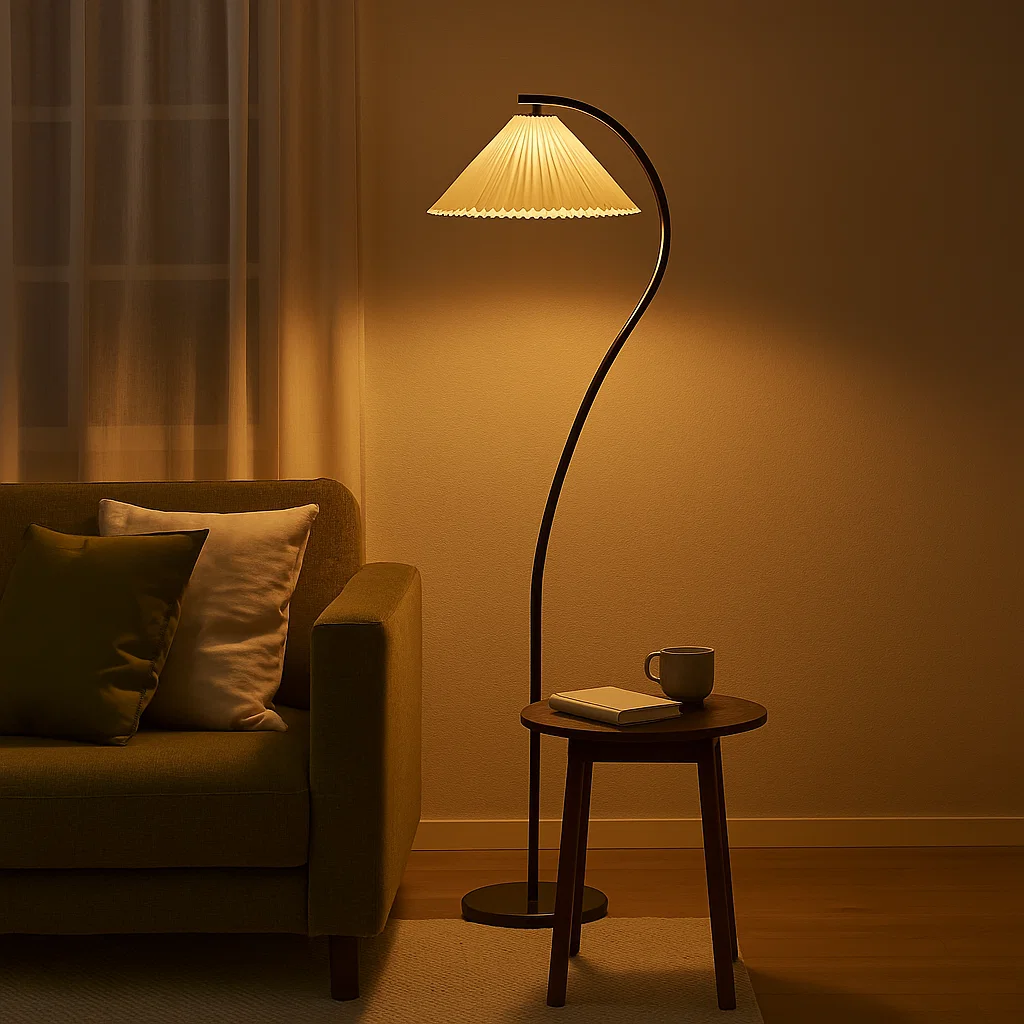 Lampadaire moderne avec abat-jour plissé et pied courbé