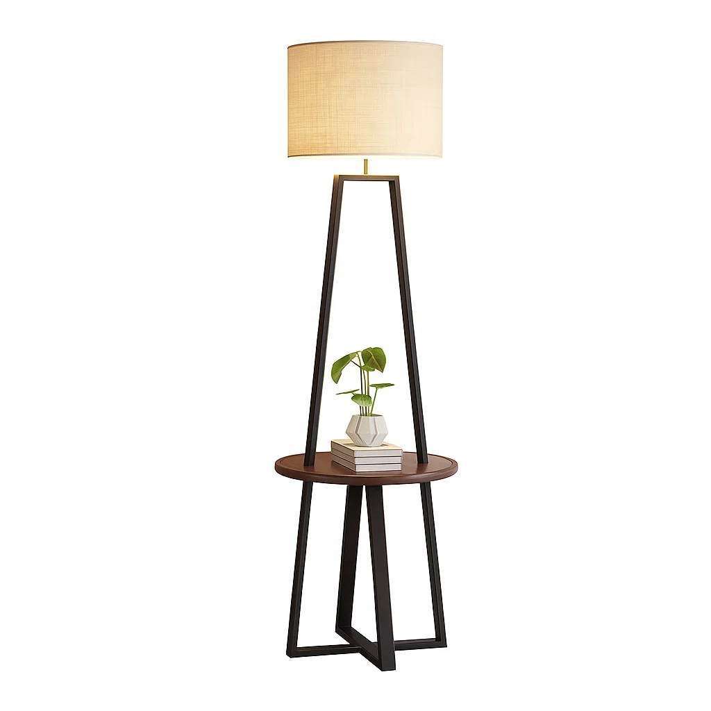 Lampadaire moderne avec table intégrée en bois et métal