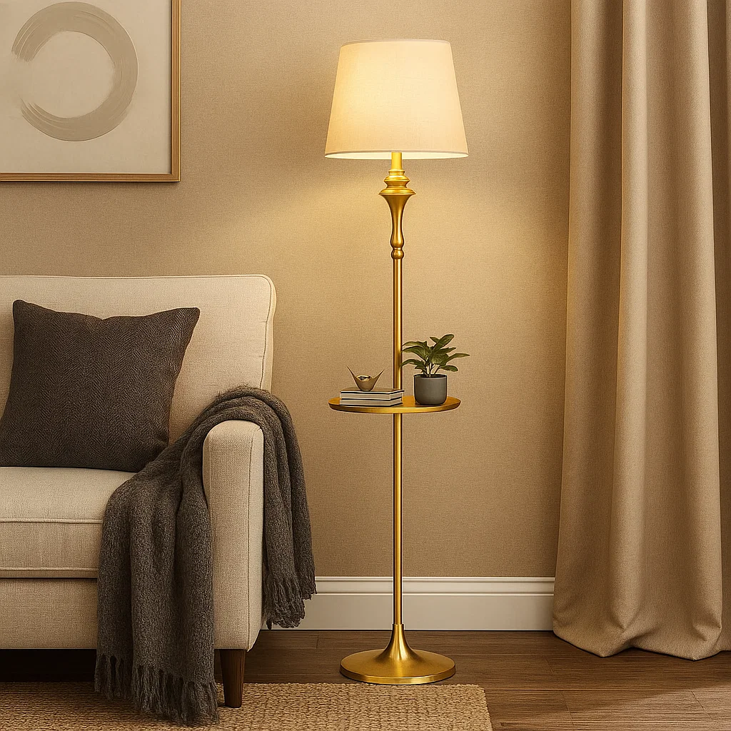 Lampadaire avec table intégrée et abat-jour en tissu