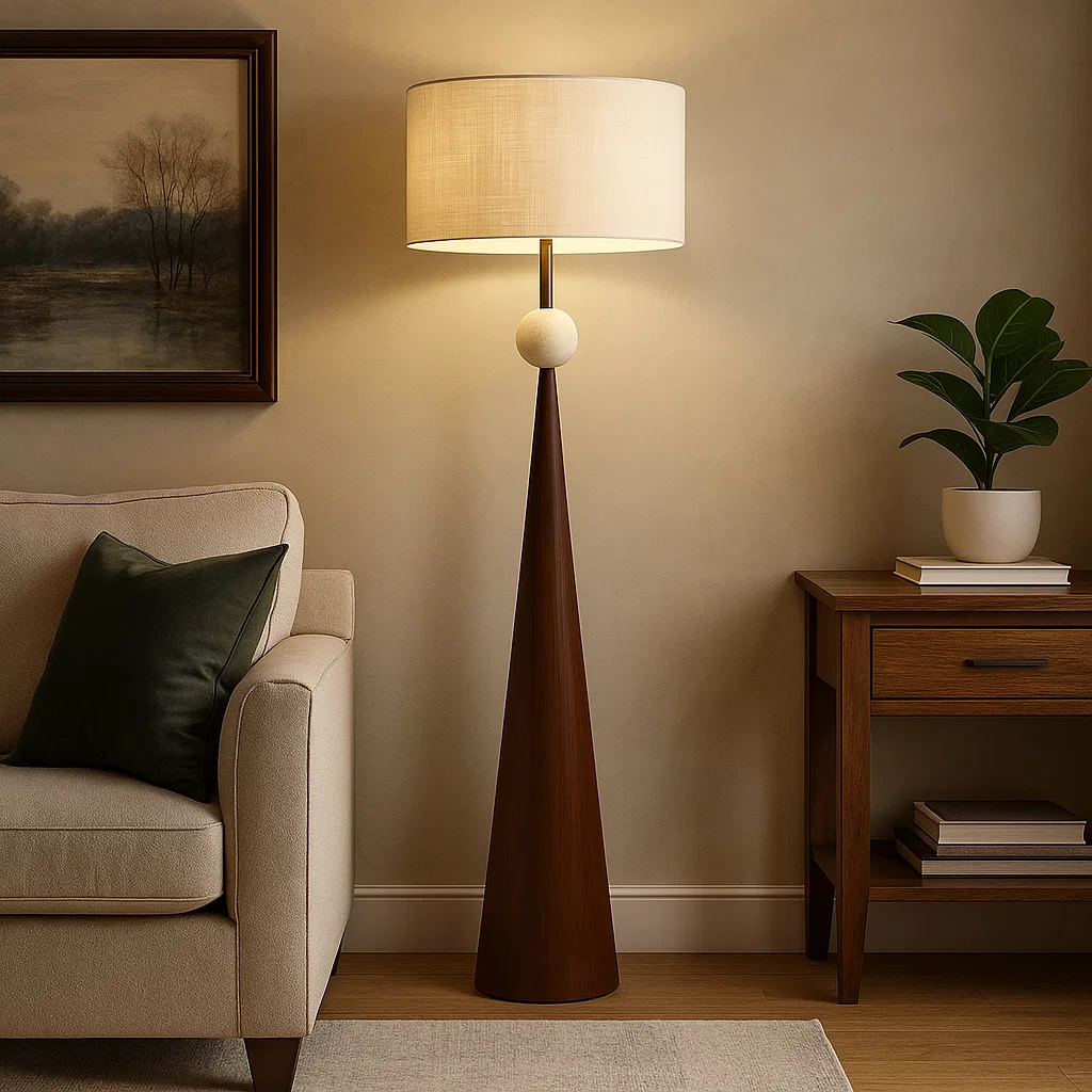 Lampadaire design moderne en bois avec abat-jour en tissu