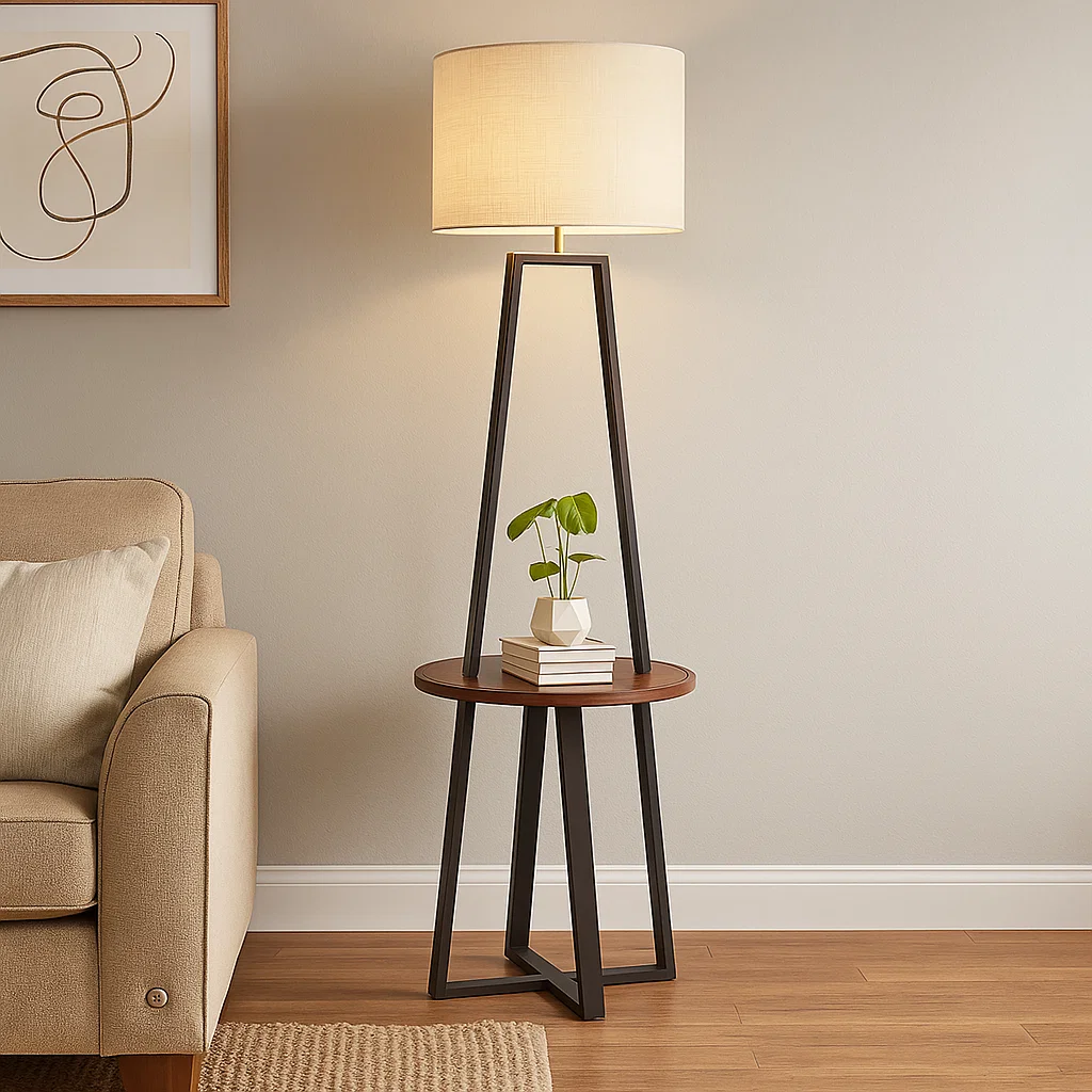 Lampadaire moderne avec table intégrée en bois et métal