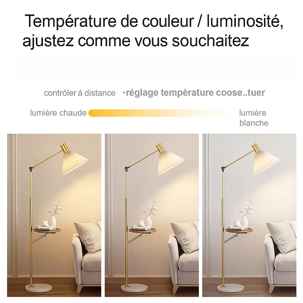 Lampadaire réglable avec abat-jour conique et petite tablette intégrée