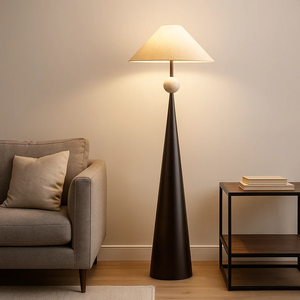 Lampadaire moderne avec abat-jour conique et base géométrique