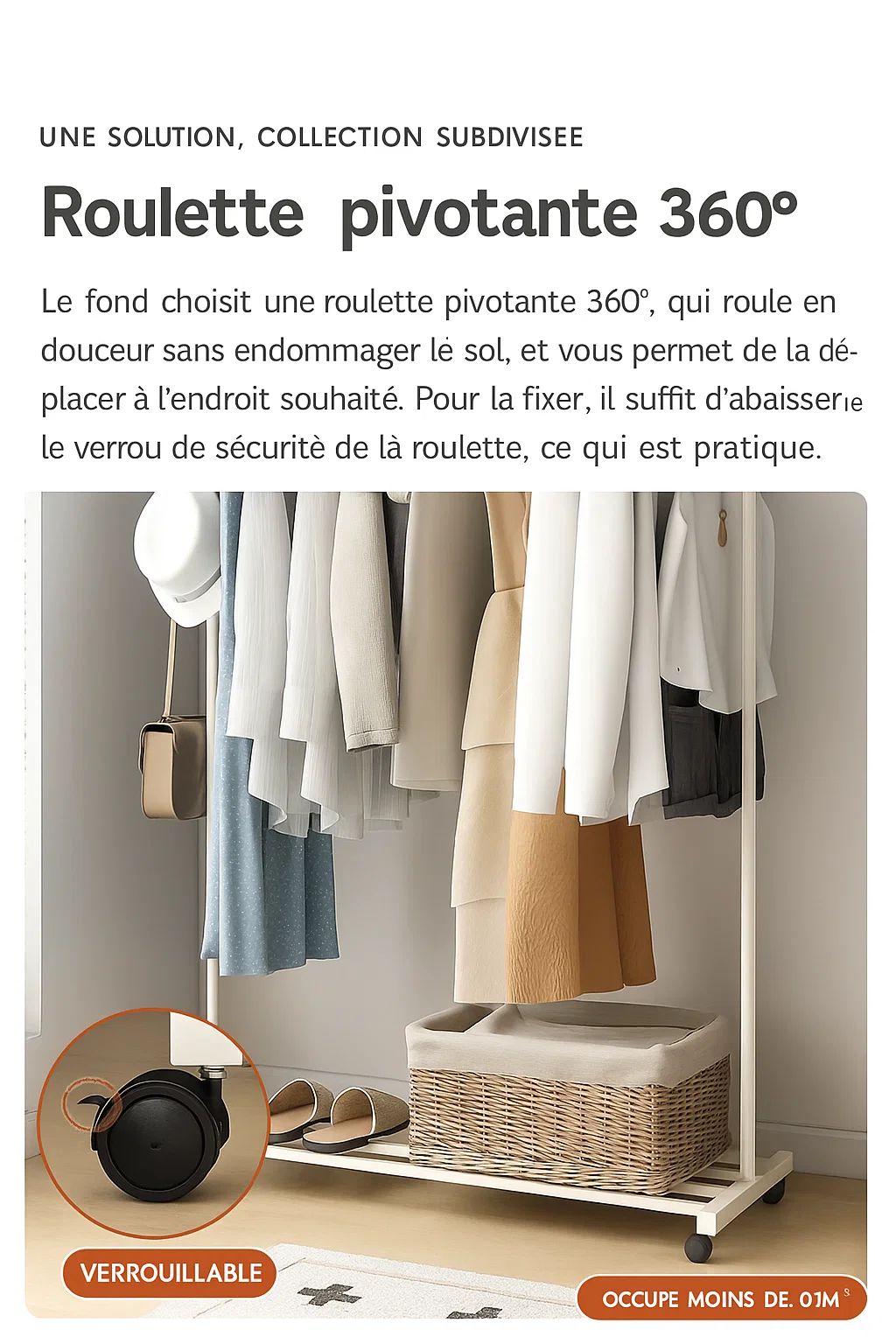 Porte-vêtements sur roulettes avec barre suspendue et étagère basse