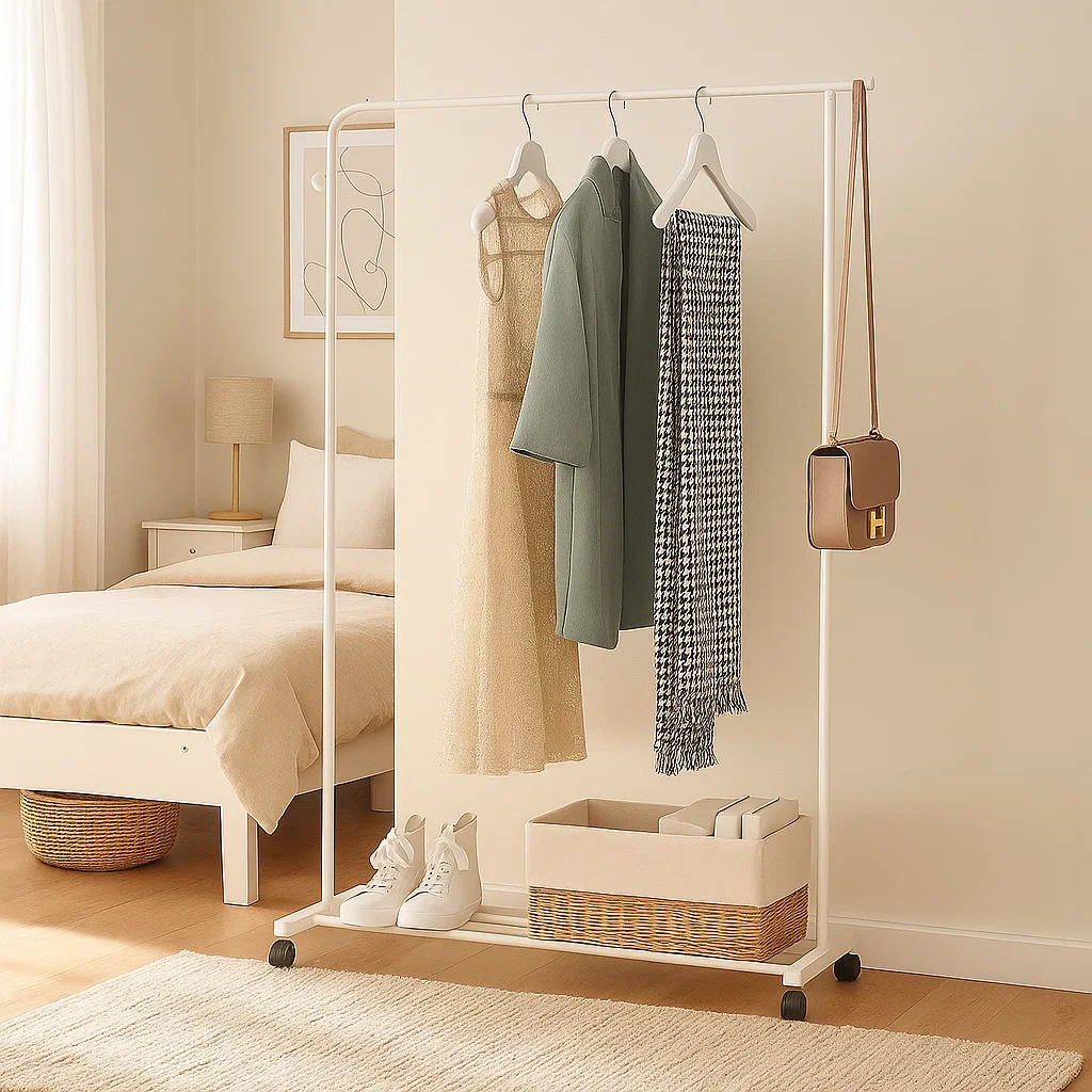 Porte-vêtements sur roulettes avec barre suspendue et étagère basse