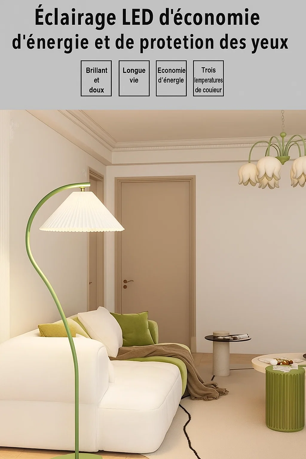 Lampadaire moderne avec abat-jour plissé et pied courbé