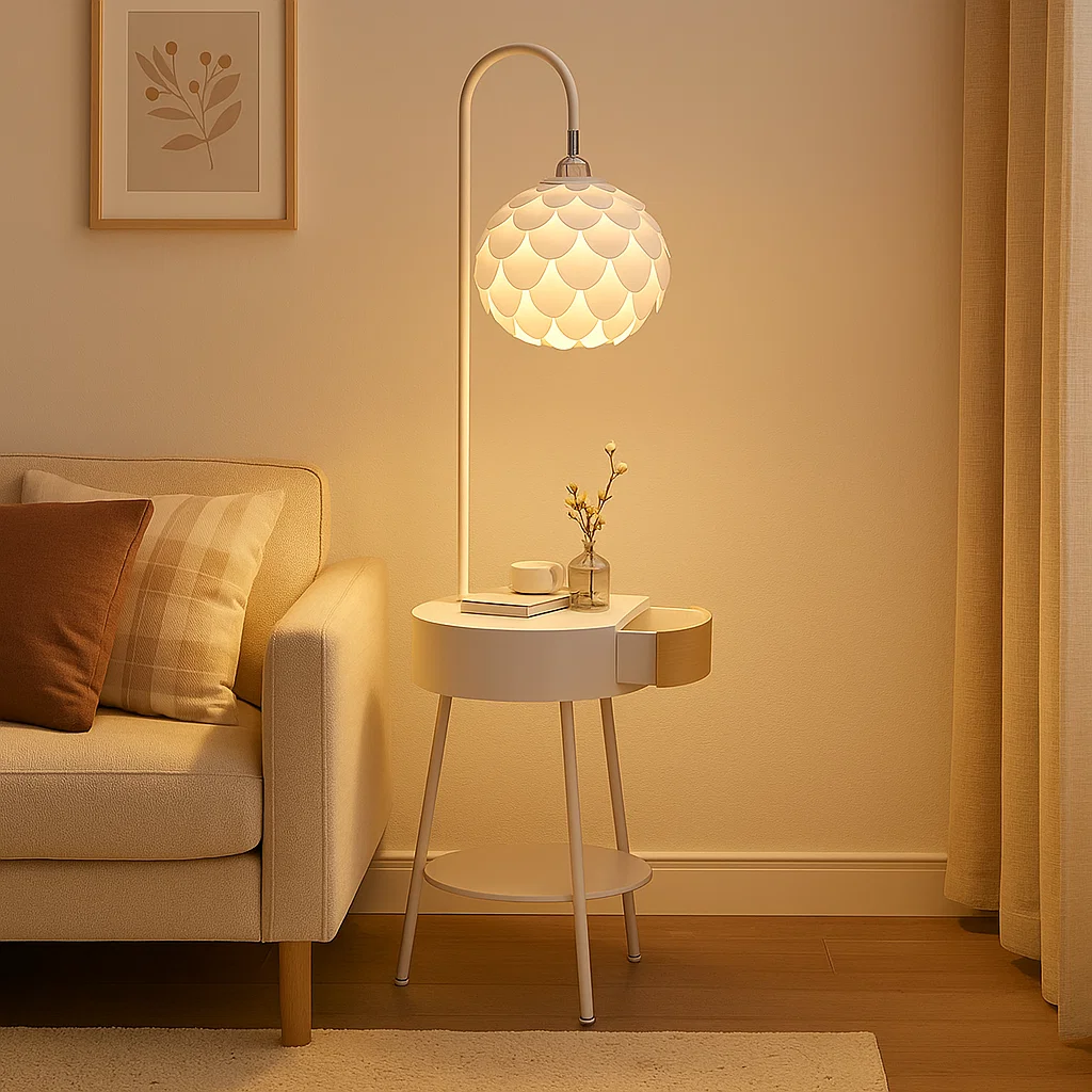 Lampadaire design avec abat-jour en forme de fleur et table intégrée