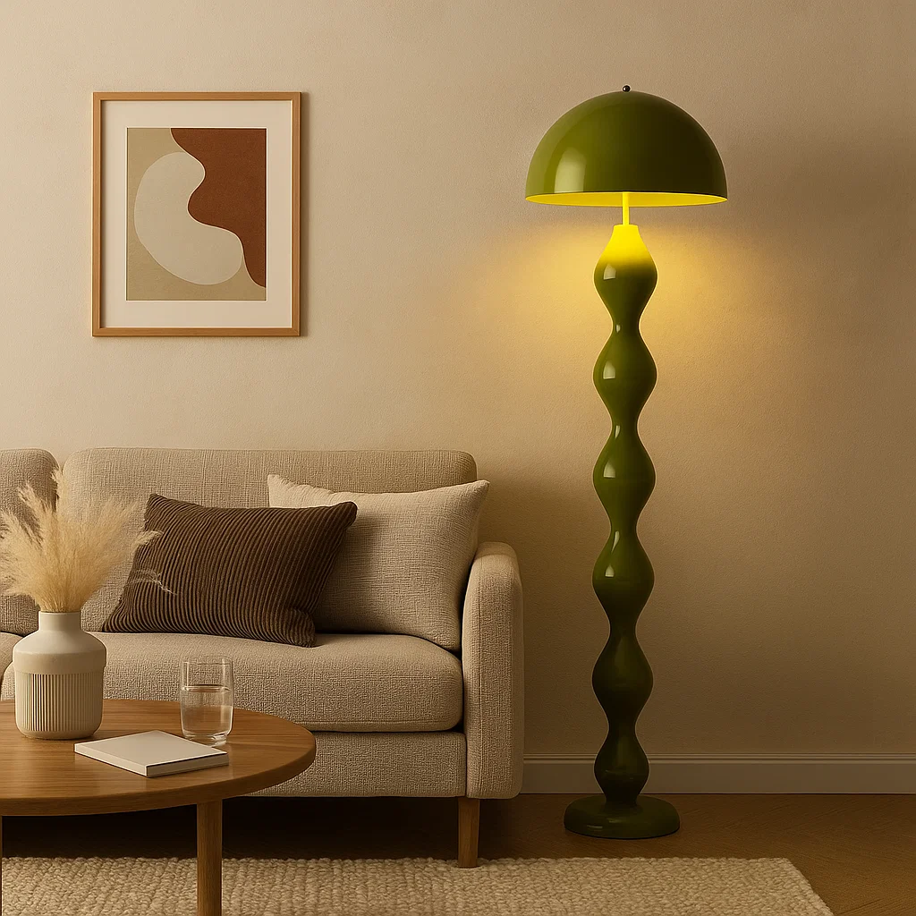 Lampadaire design moderne avec pied ondulé et abat-jour hémisphérique