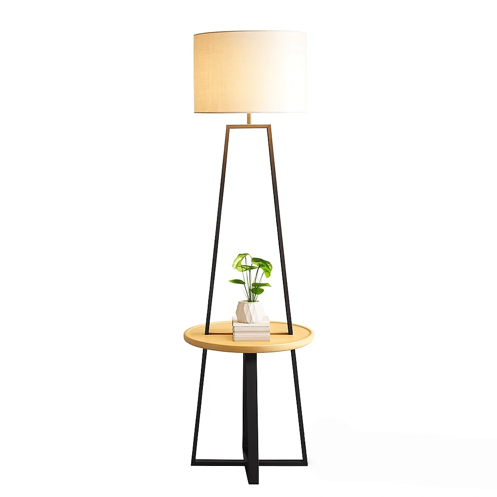 Lampadaire moderne avec table intégrée en bois et métal