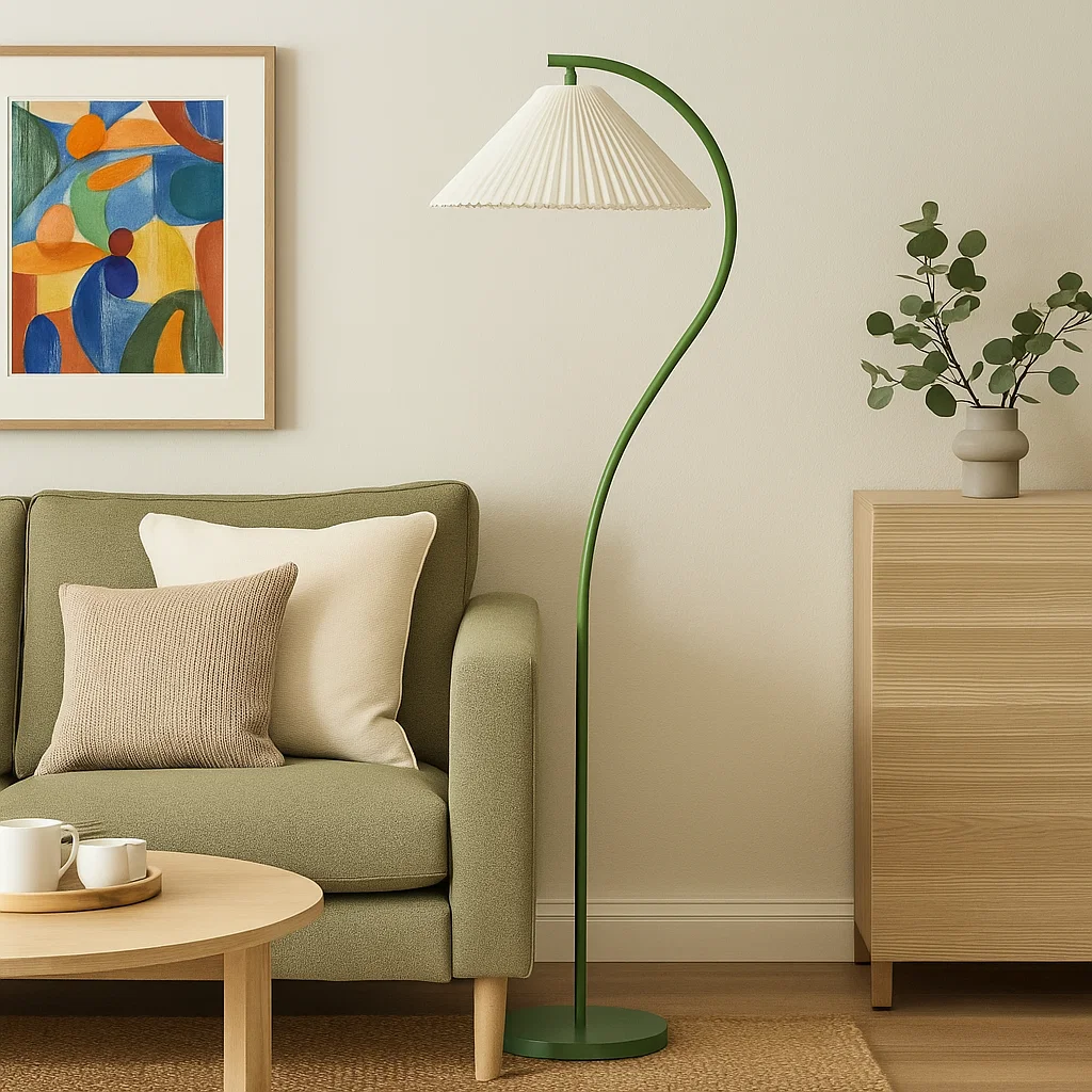 Lampadaire moderne avec abat-jour plissé et pied courbé