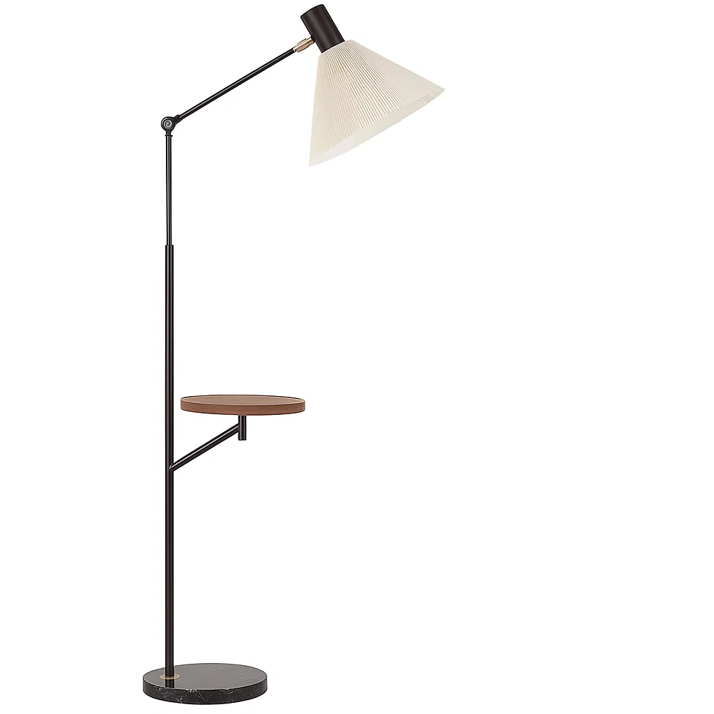 Lampadaire réglable avec abat-jour conique et petite tablette intégrée