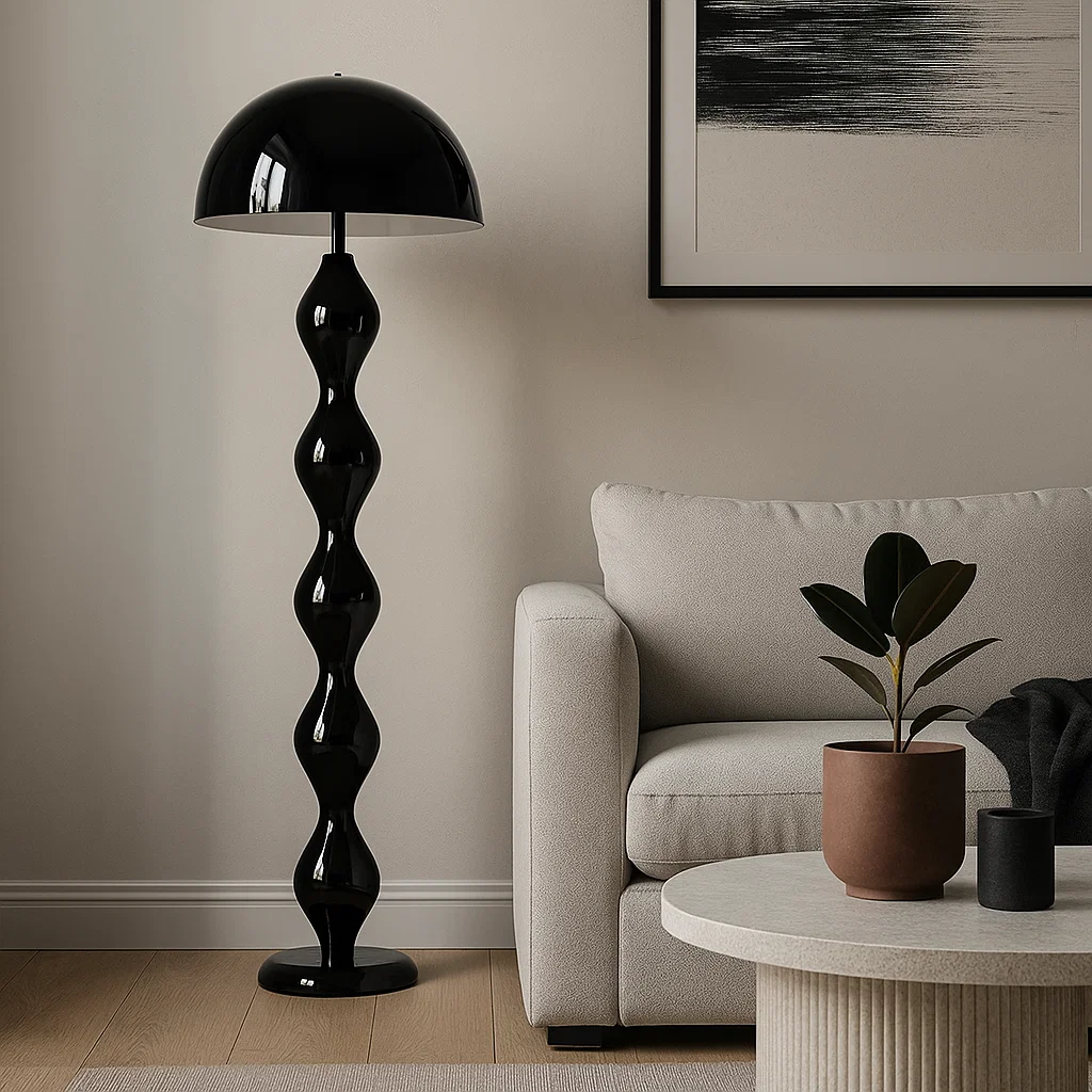Lampadaire design moderne avec pied ondulé et abat-jour hémisphérique