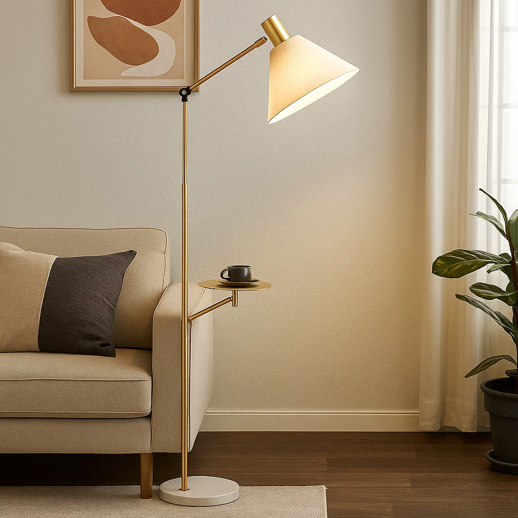 Lampadaire réglable avec abat-jour conique et petite tablette intégrée