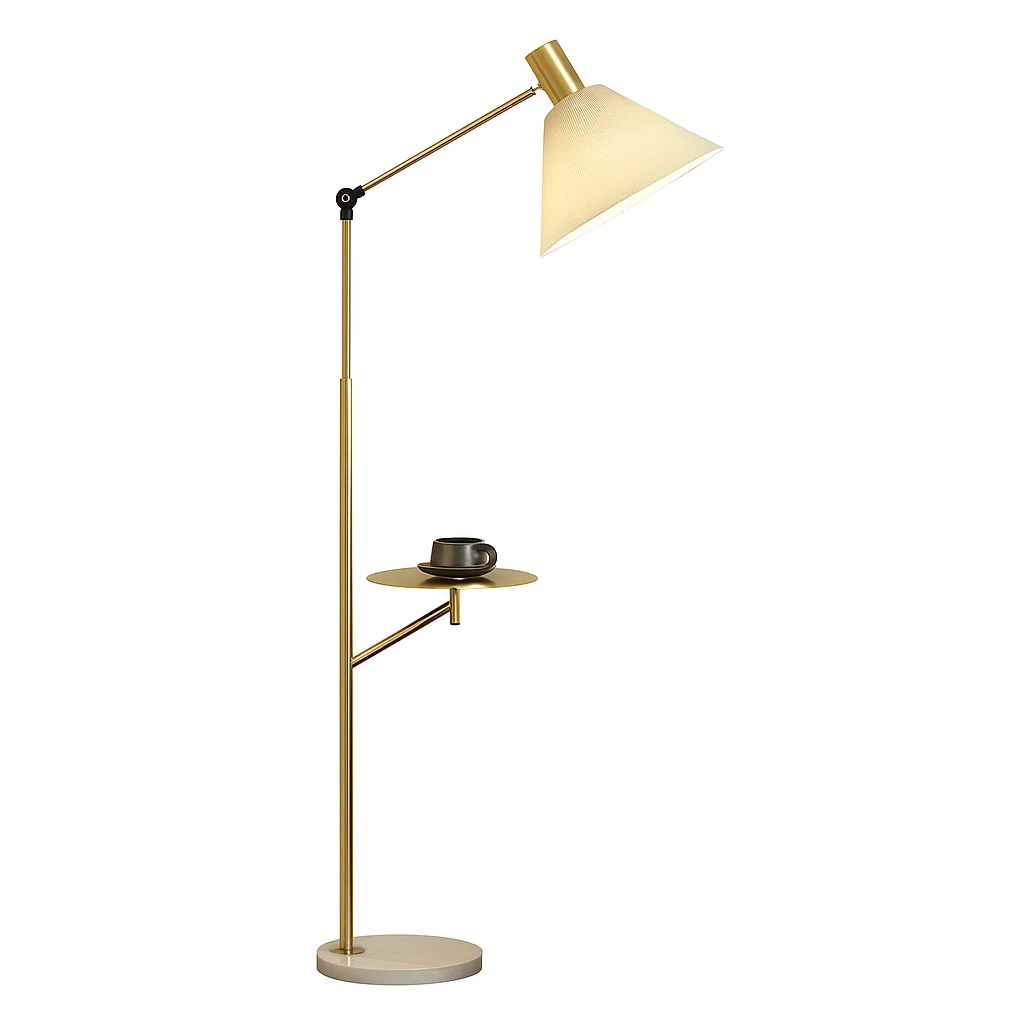 Lampadaire réglable avec abat-jour conique et petite tablette intégrée
