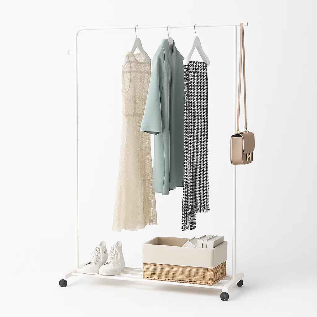 Porte-vêtements sur roulettes avec barre suspendue et étagère basse