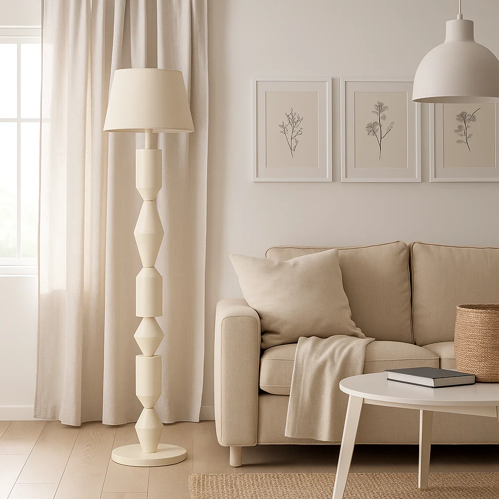 Lampadaire moderne avec abat-jour en tissu et pied sculptural