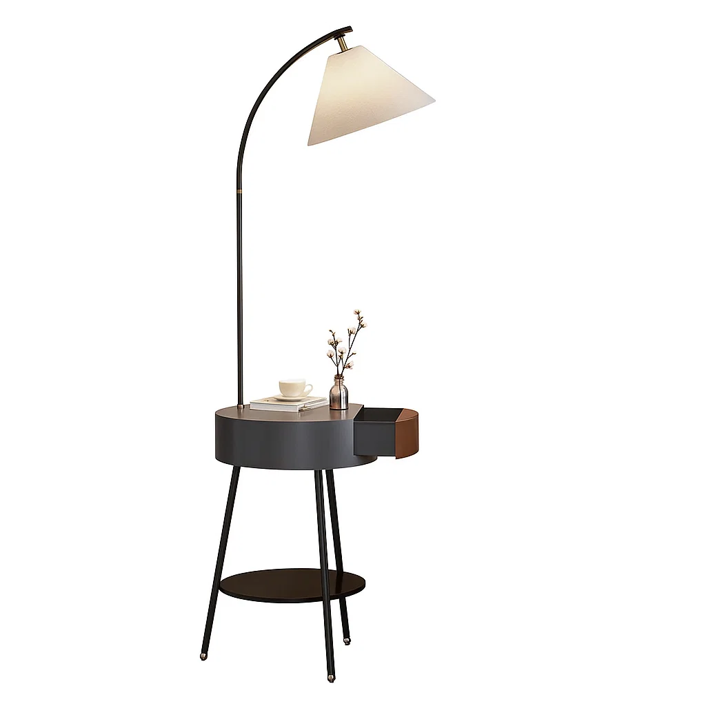 Table de chevet ronde avec lampe intégrée et tiroir