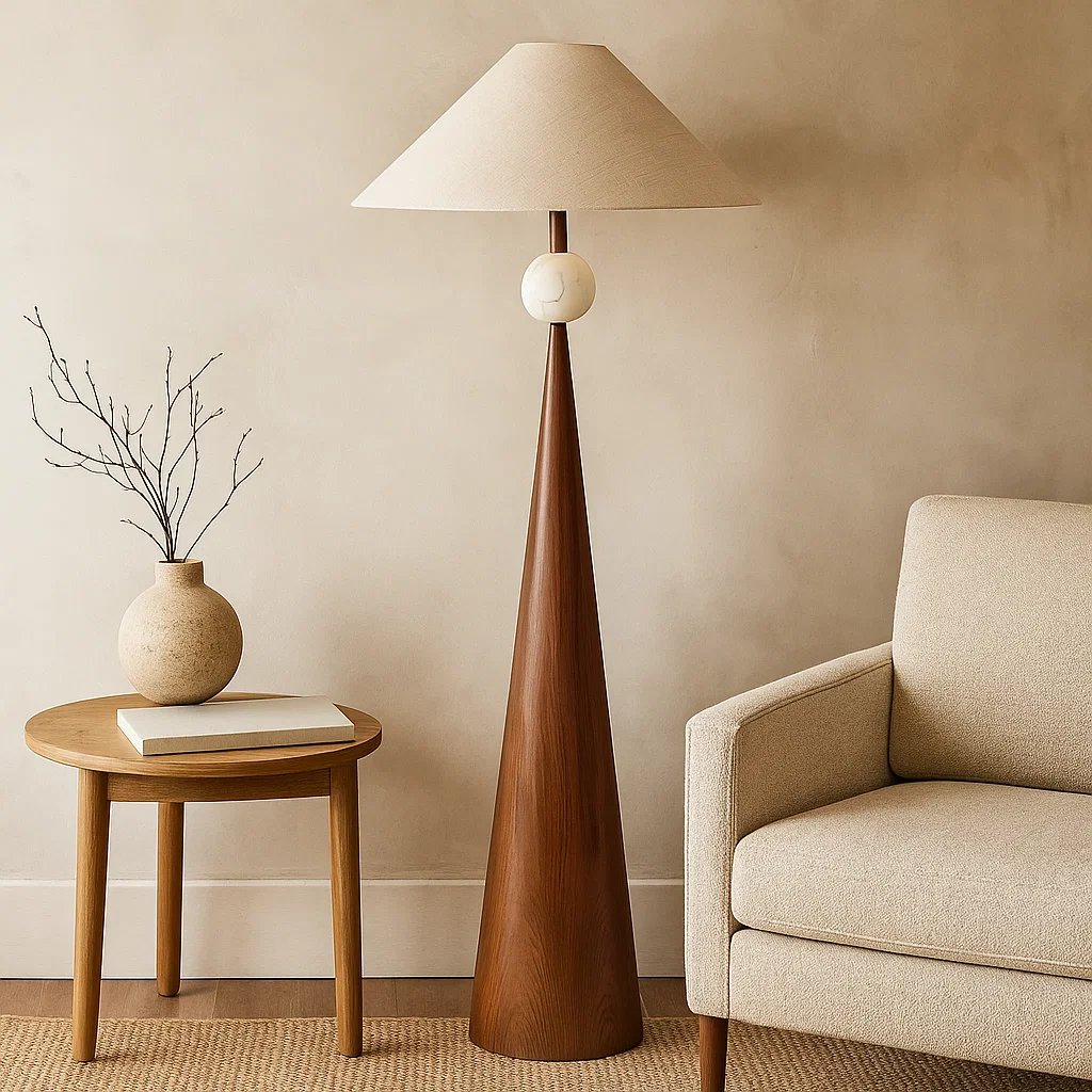 Lampadaire moderne avec abat-jour conique et base géométrique