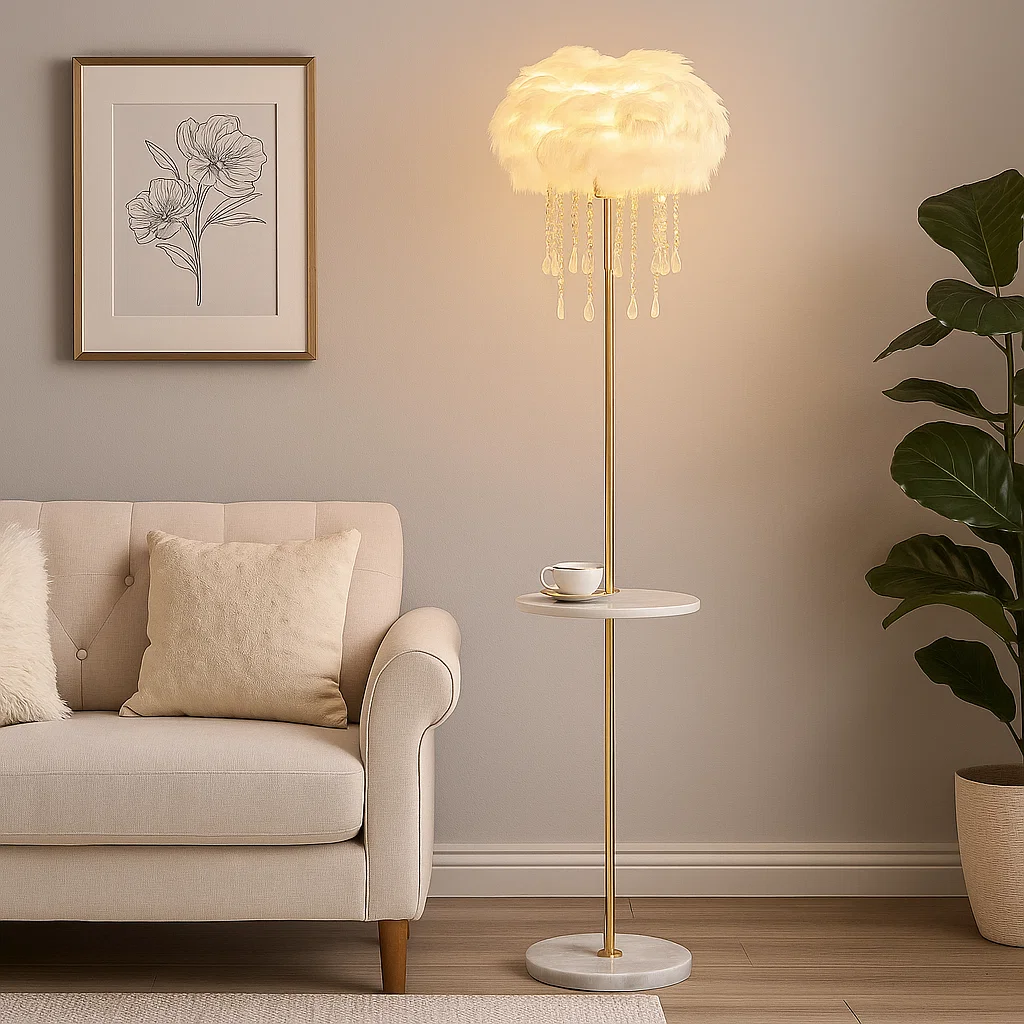 Lampadaire avec abat-jour en plumes et table intégrée