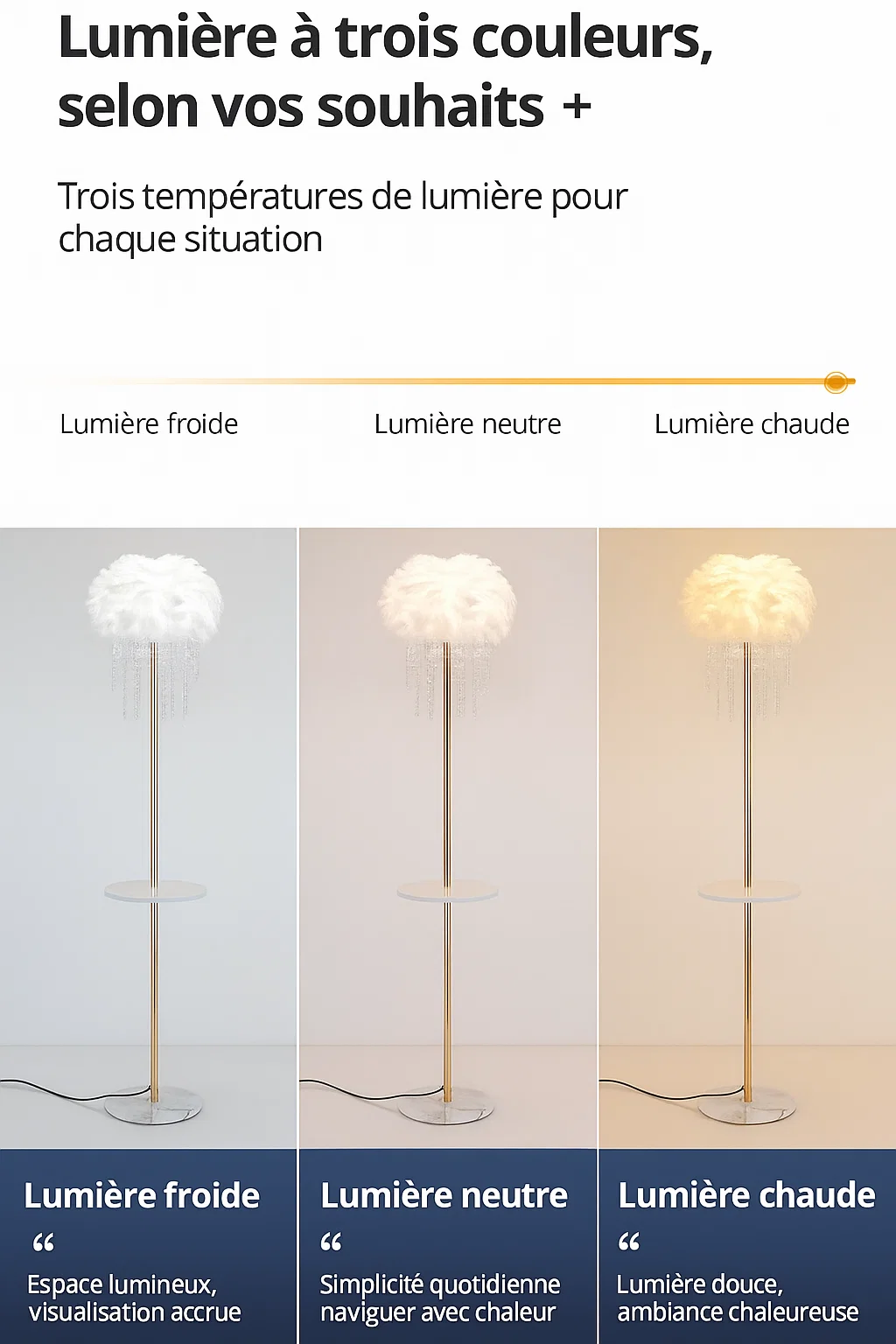 Lampadaire avec abat-jour en plumes et table intégrée