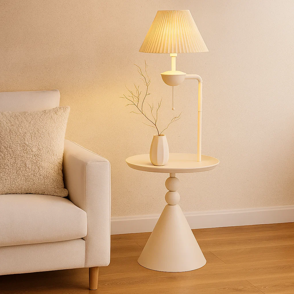 Lampadaire avec table intégrée et abat-jour plissé