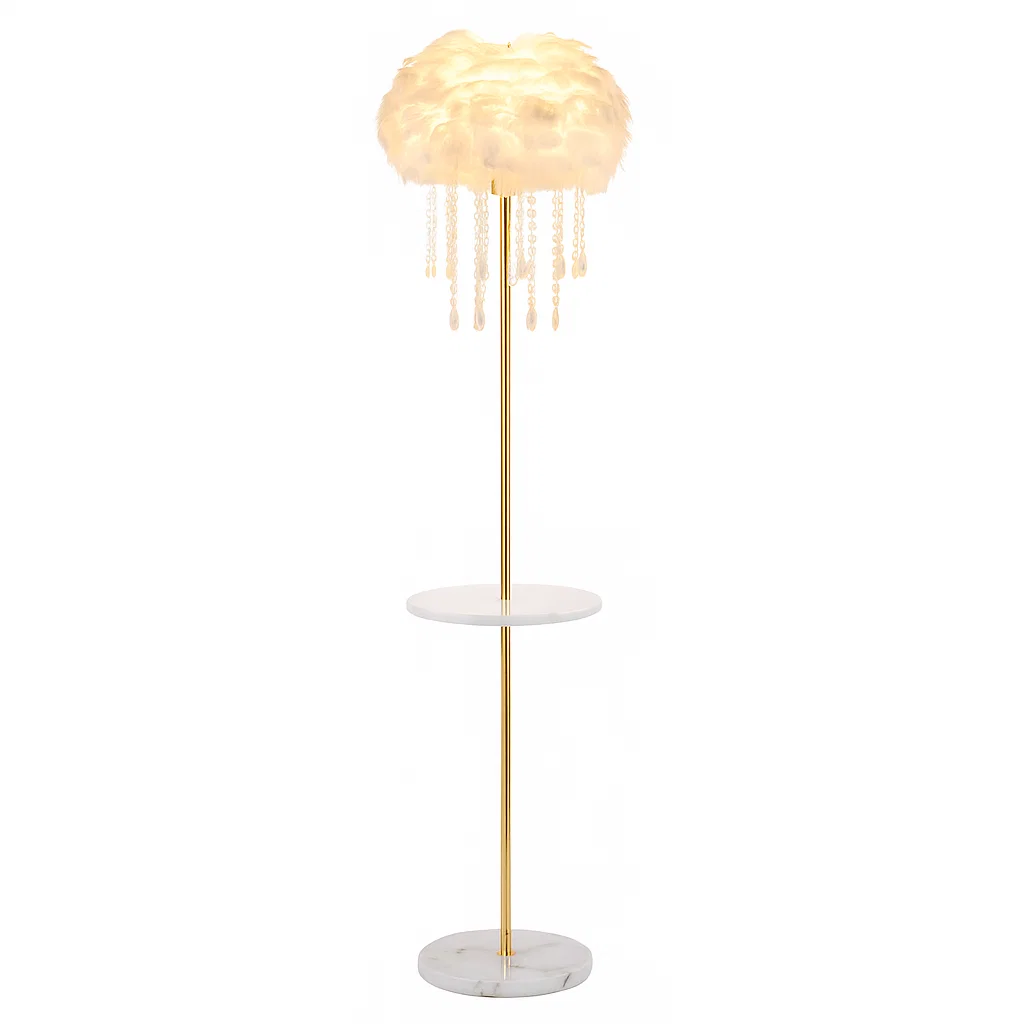 Lampadaire avec abat-jour en plumes et table intégrée