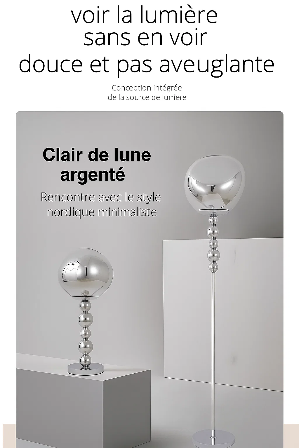 Lampadaire moderne avec abat-jour en verre et pied à billes métalliques