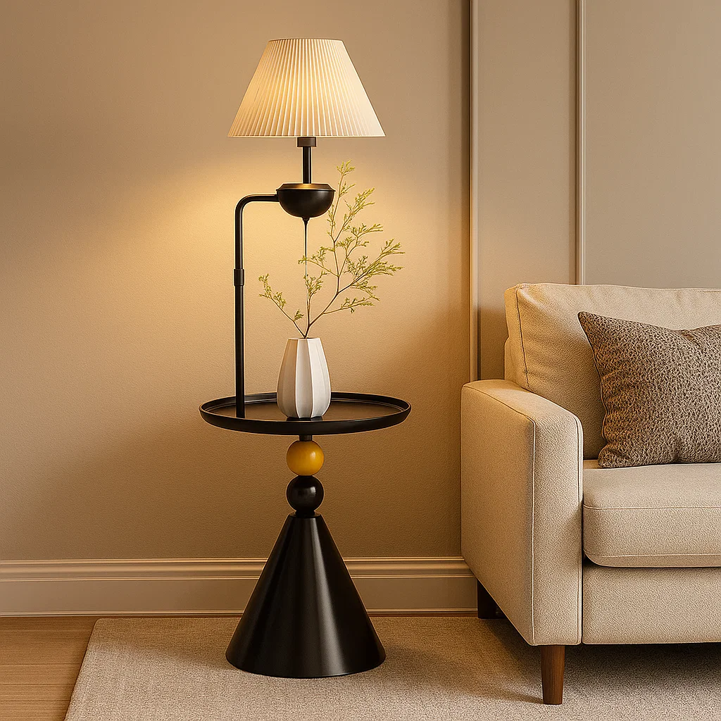 Lampadaire avec table intégrée et abat-jour plissé