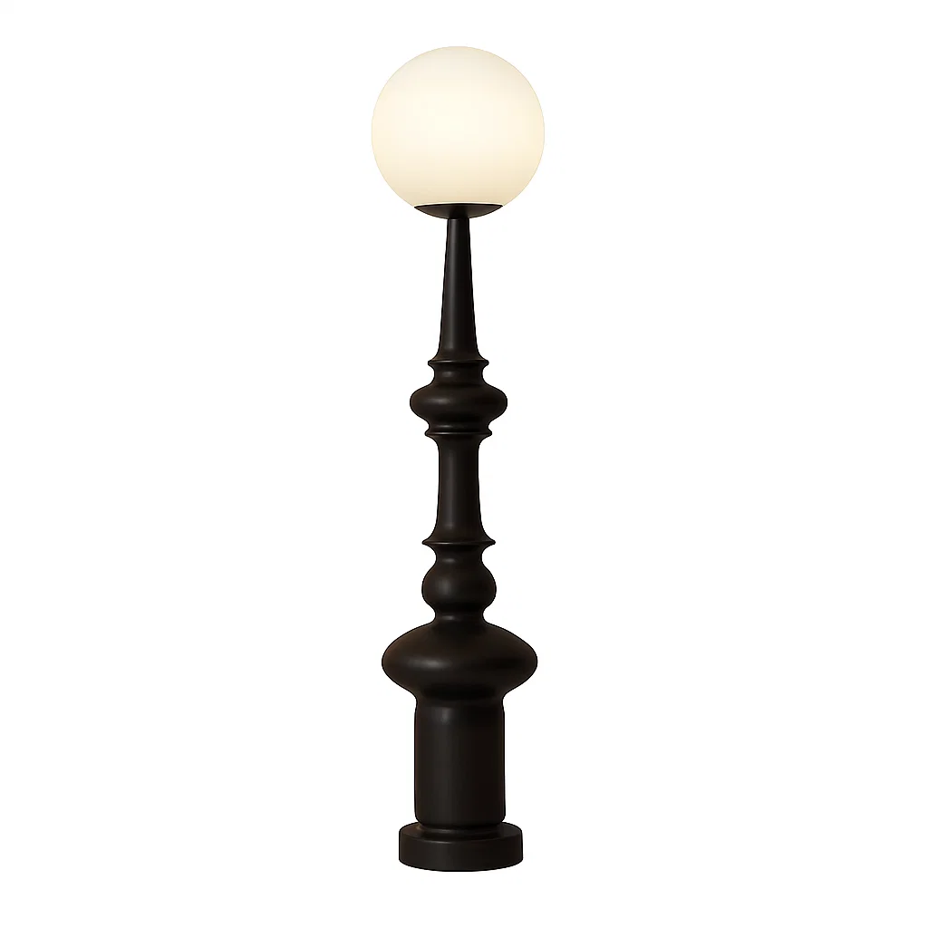 Lampadaire design avec base sculptée et globe lumineux